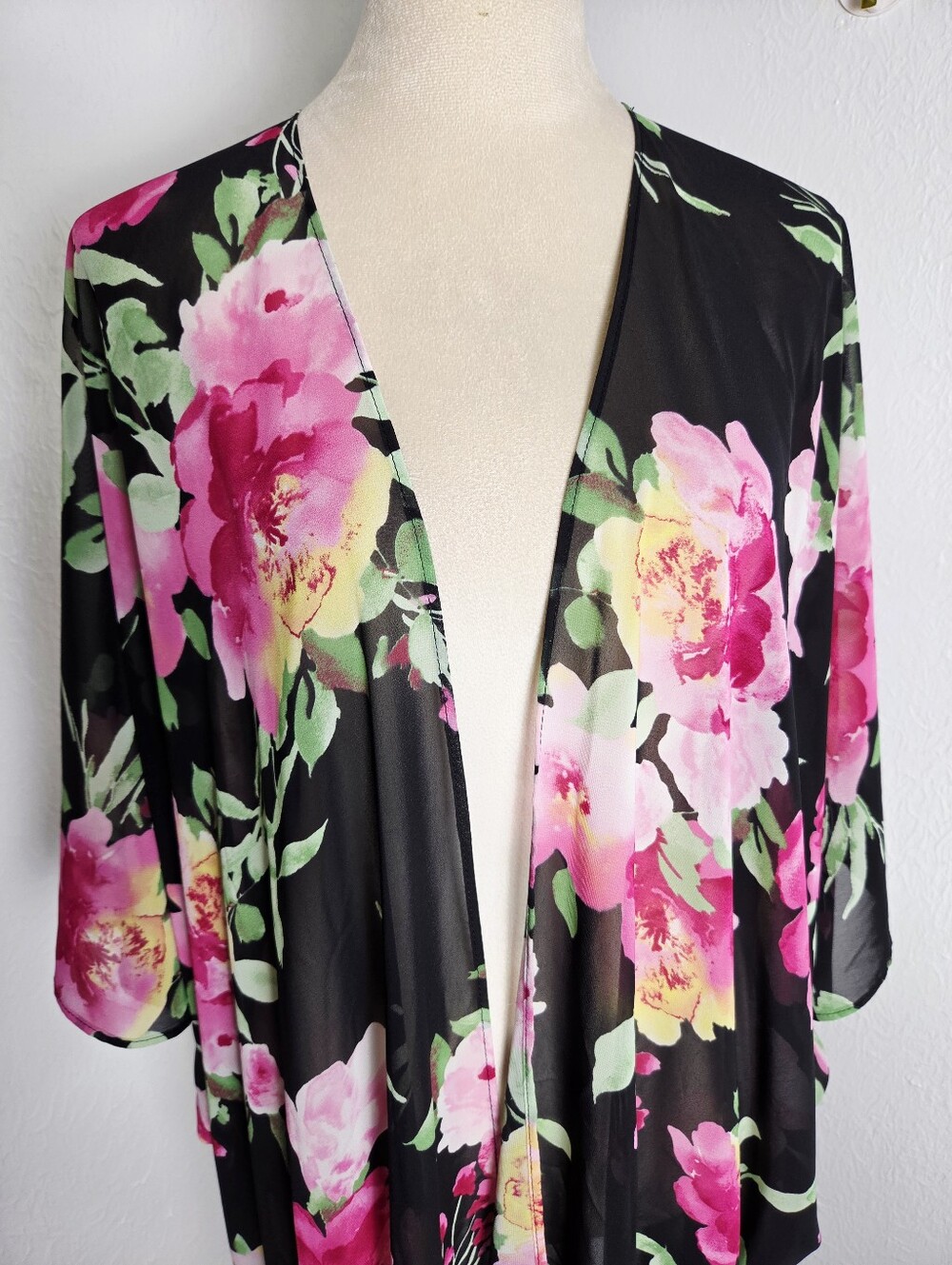 Emerald Black Waterfall Kimono with Pink & Mint Green Floral Print, One Size - Picture 2 of 10